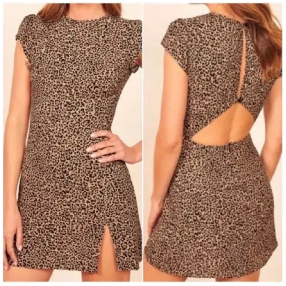 Reformation‎ Lena Leopard Print Open Back Mini Dress Tan Black Slit Womens 2
